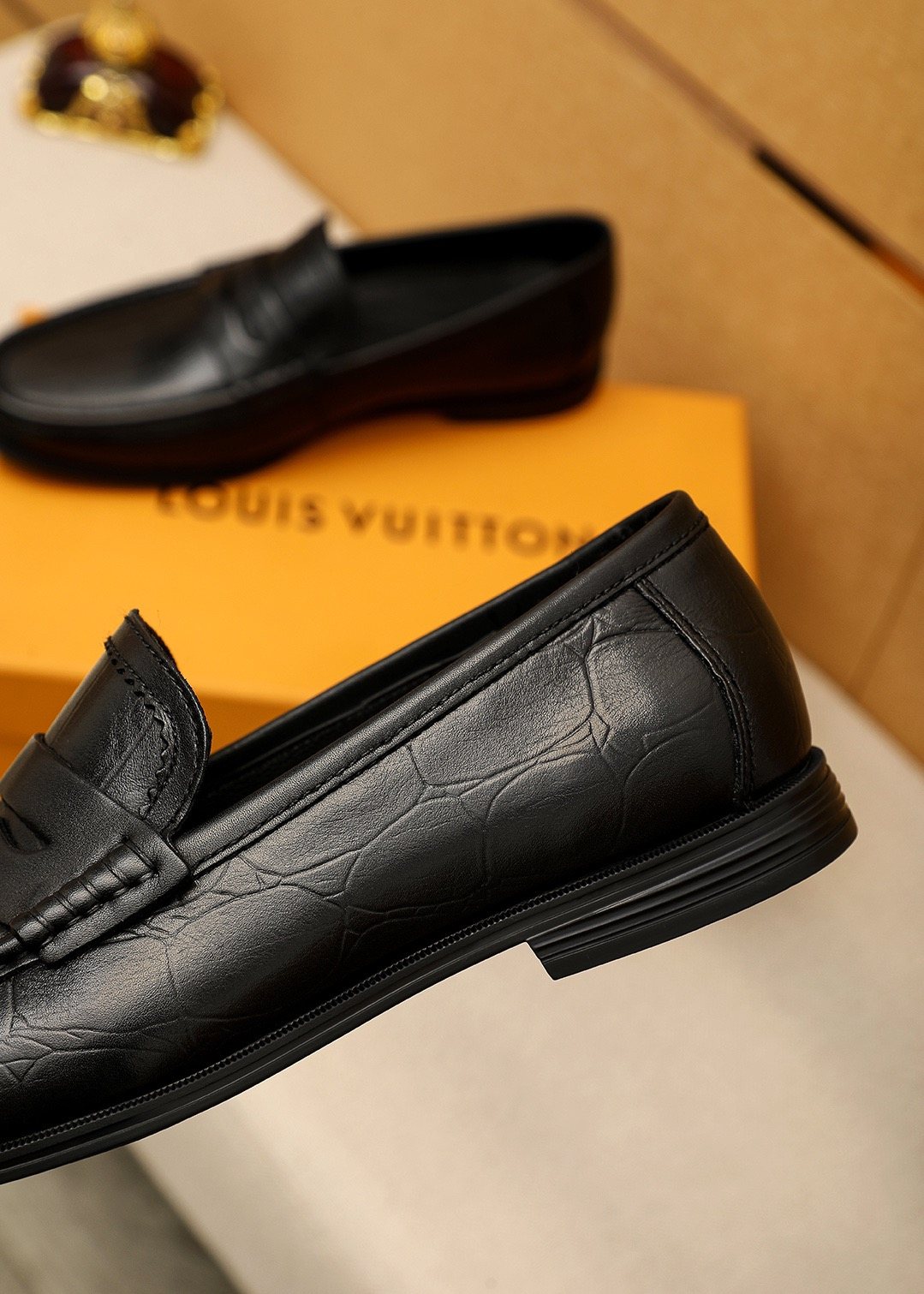 Louis Vuitton Black Textured Slip-On Loafers — side