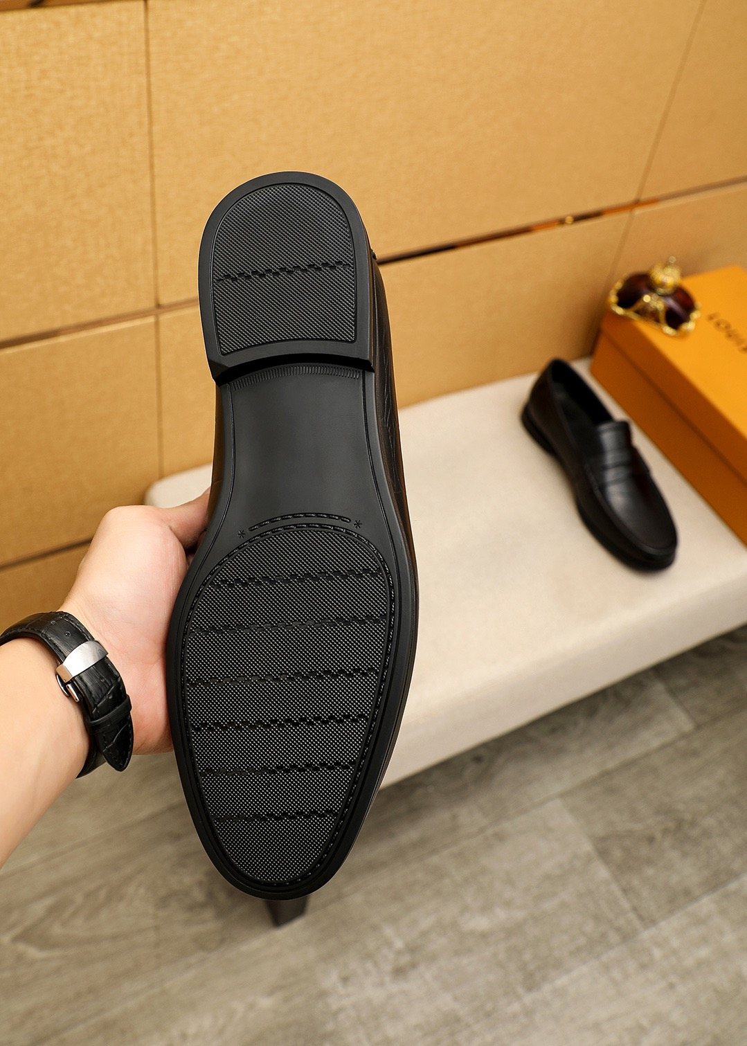 Louis Vuitton Black Textured Slip-On Loafers — detail