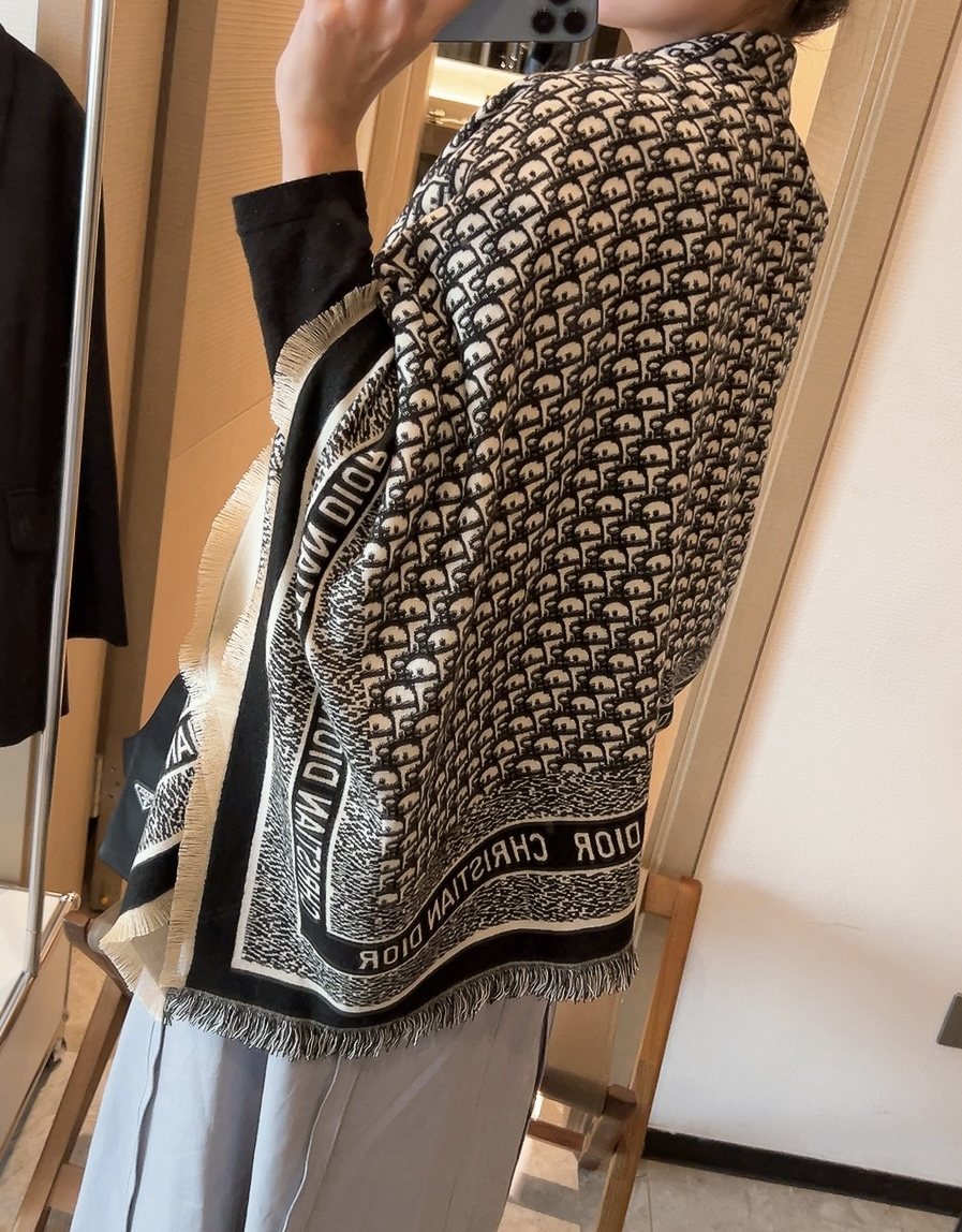 Dior Monogram Fringe Square Scarf — model