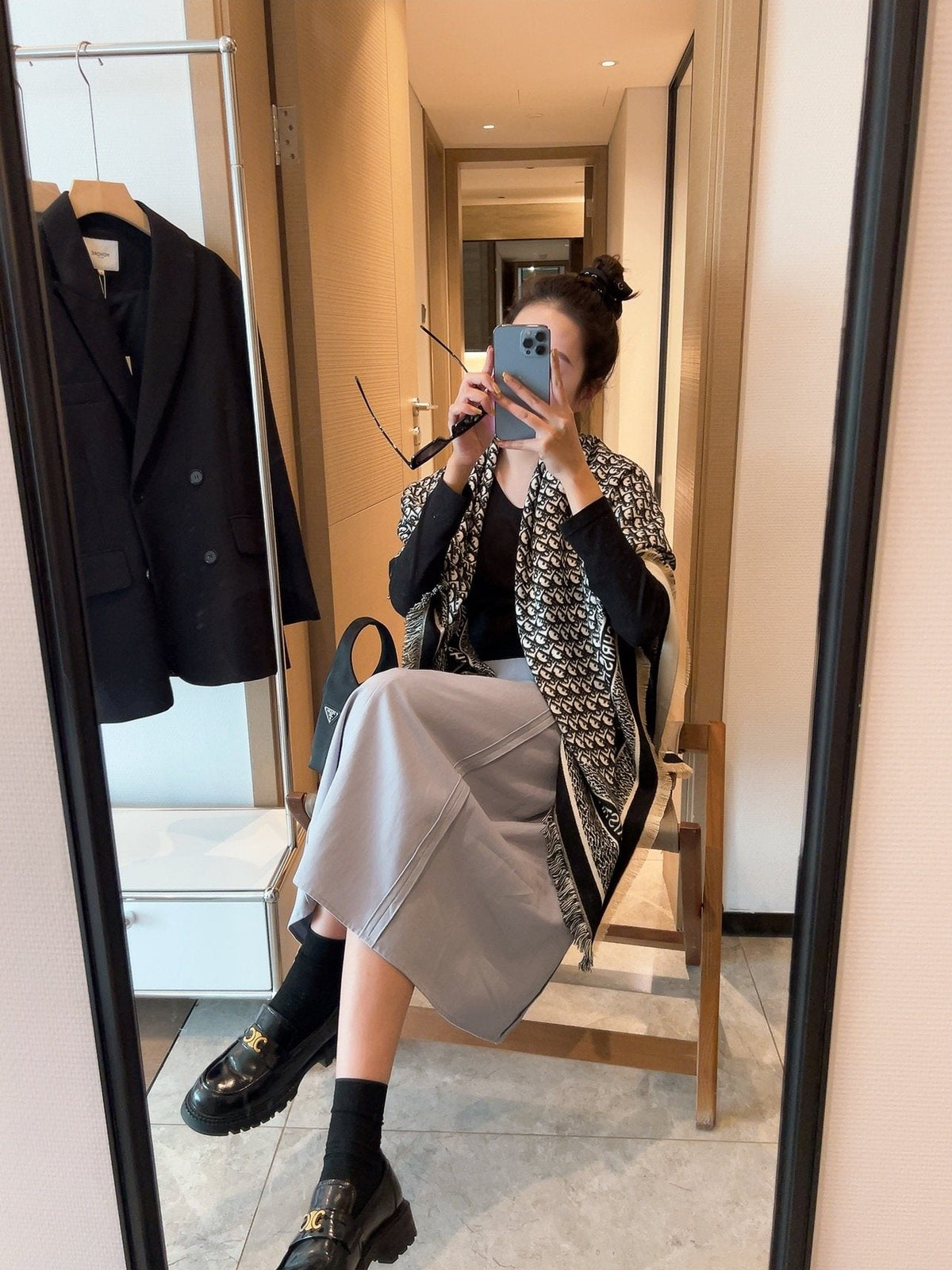 Dior Monogram Fringe Square Scarf — model
