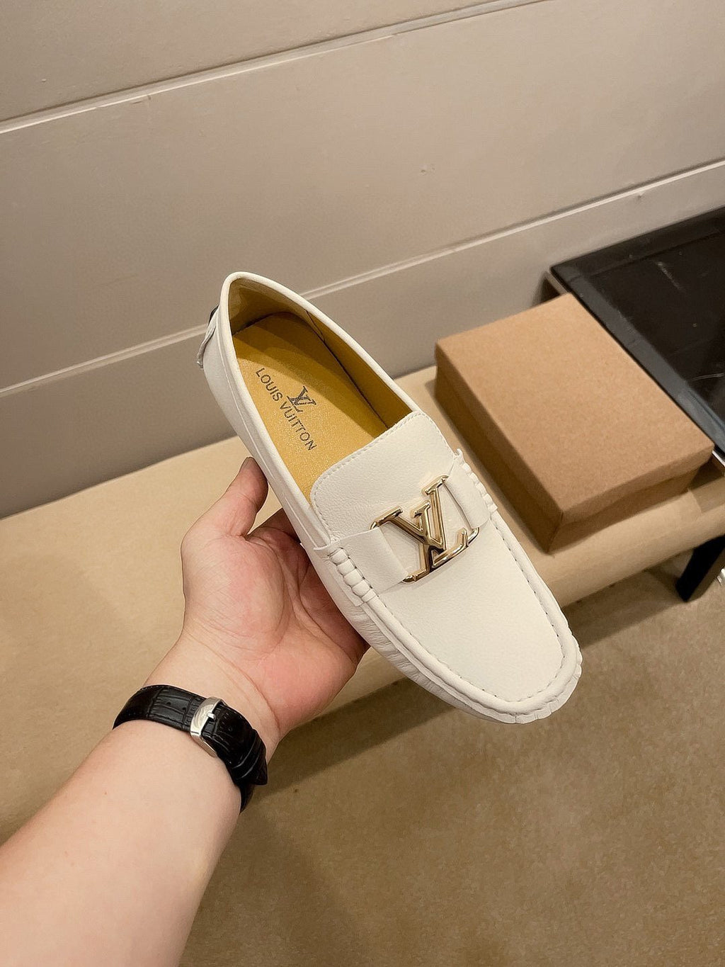 Louis Vuitton Cream White Logo Loafers — model