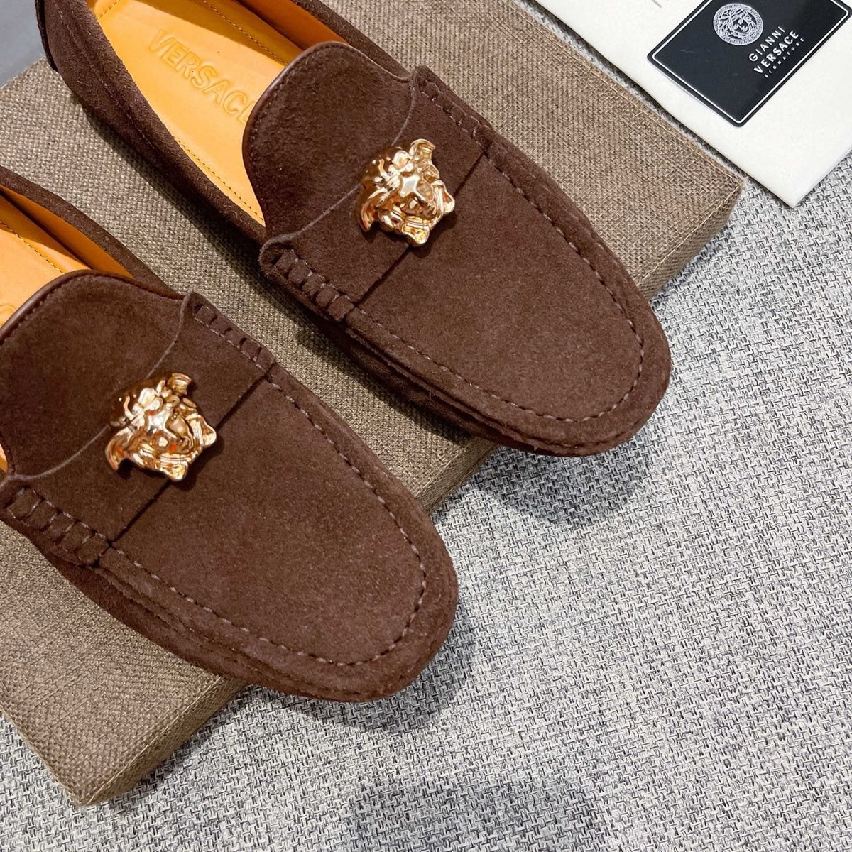 Versace Brown Suede-Texture Loafers — detail