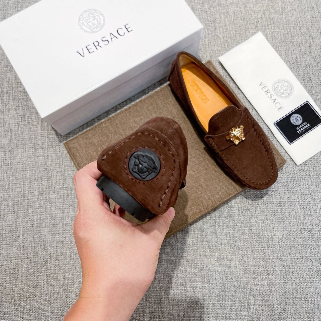 Versace Brown Suede-Texture Loafers — detail