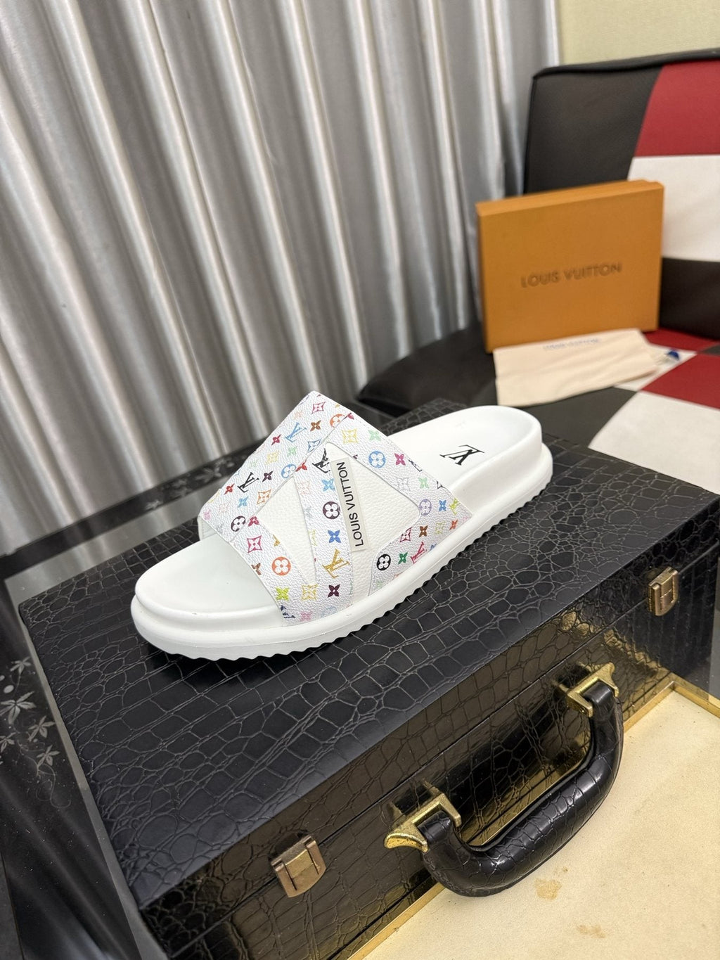 Louis Vuitton White Monogram Print Slide Sandals — front
