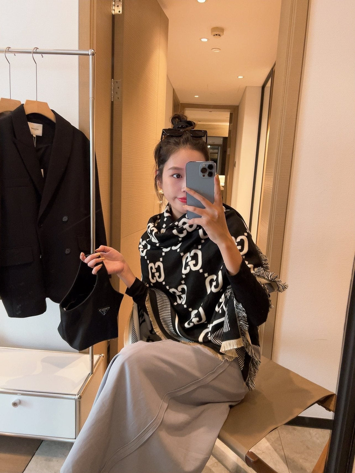 Gucci Black and Ivory Monogram Square Scarf — model