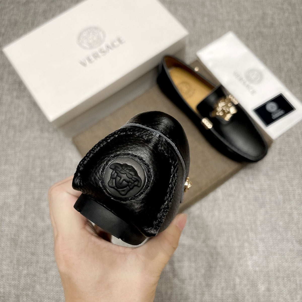 Versace Textured Leather Medusa Loafers — detail