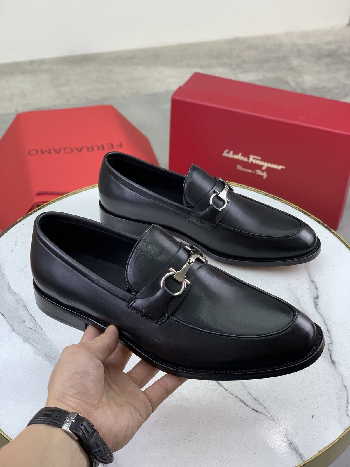 Salvatore Ferragamo Leather Horsebit Loafers — model
