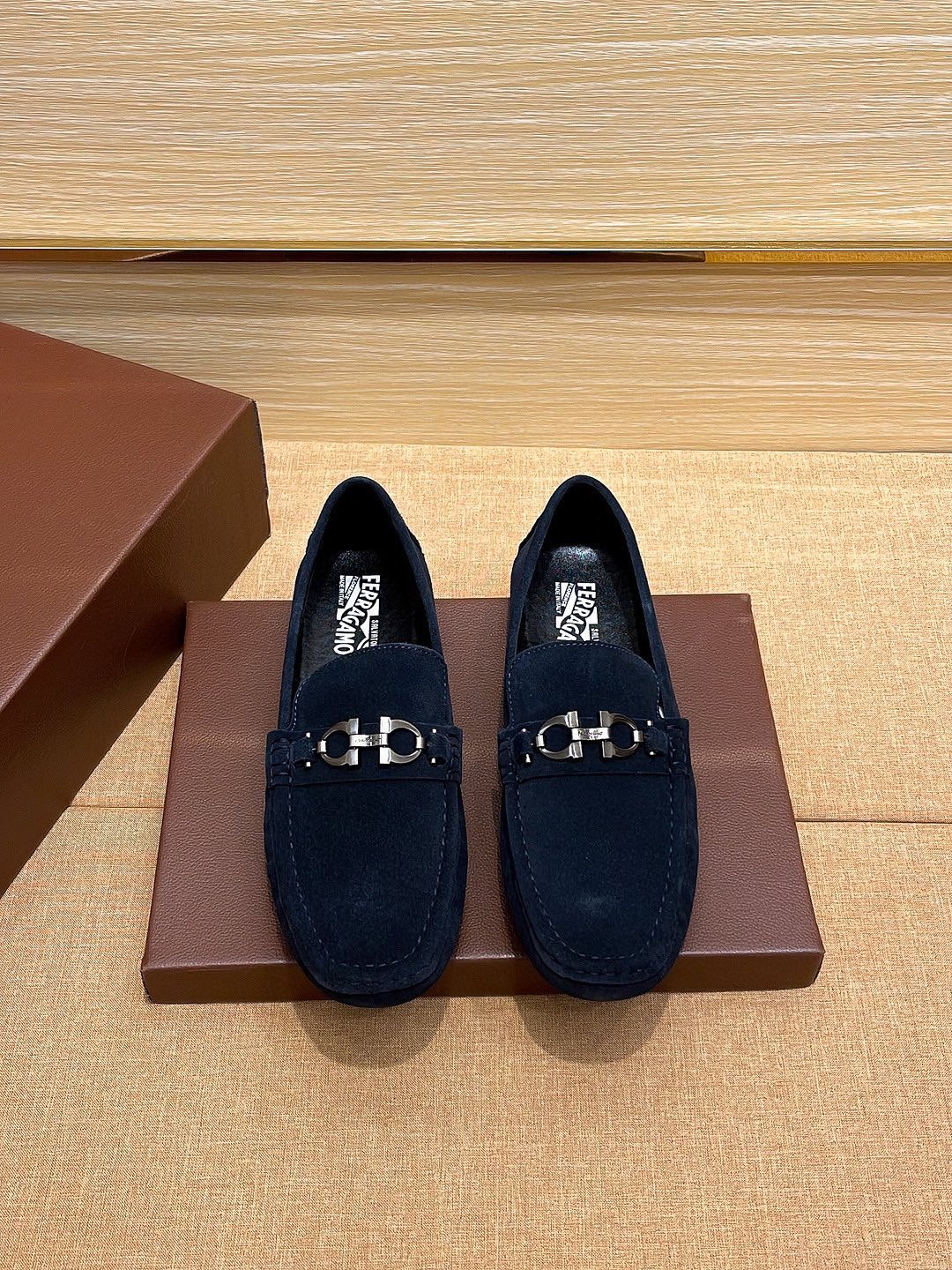 Ferragamo Taupe Bit Loafers — front