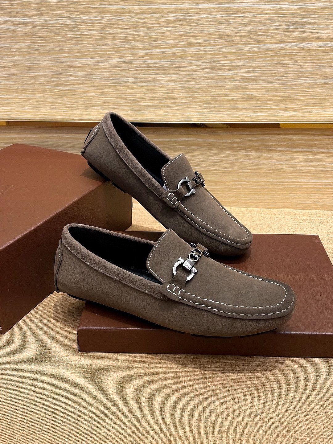 Ferragamo Taupe Bit Loafers — hero