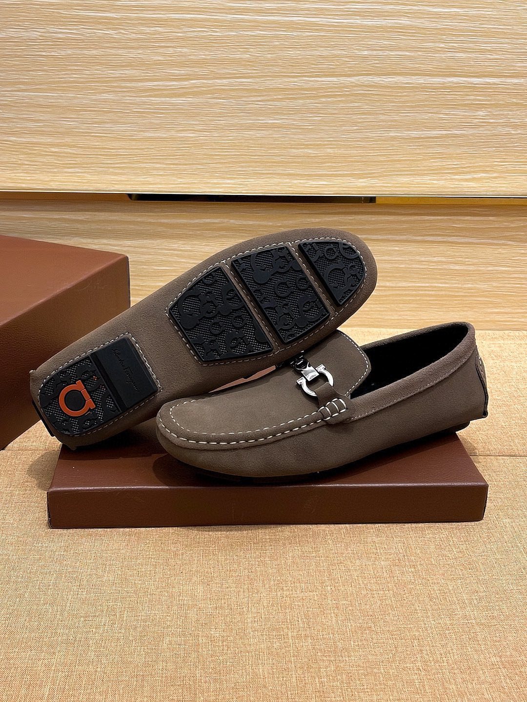 Ferragamo Taupe Bit Loafers — side