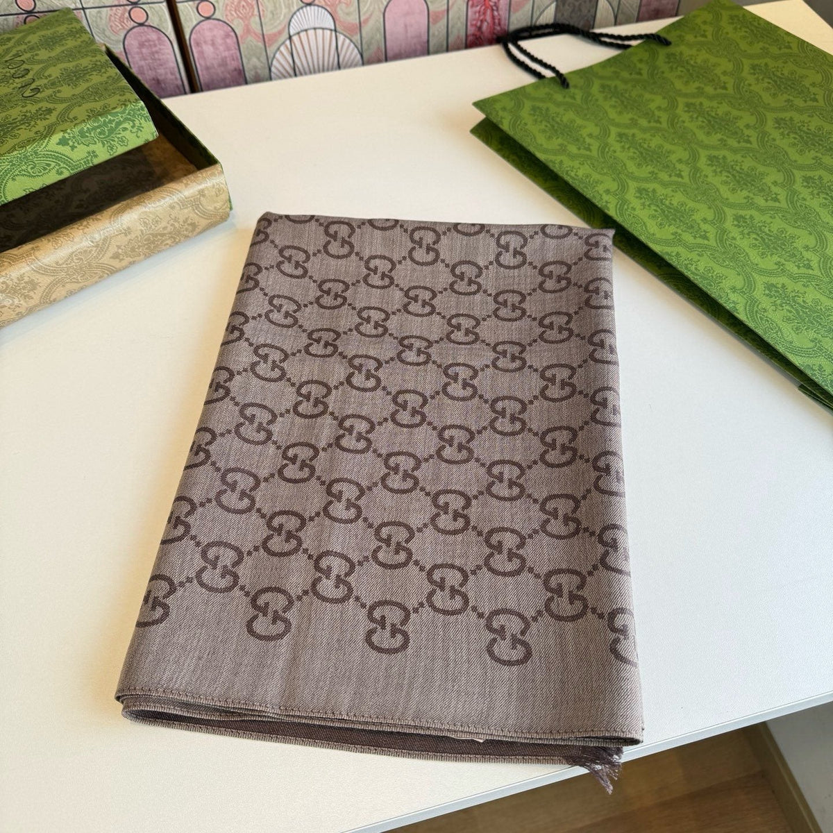 Gucci Reversible Monogram Fringe Scarf — front