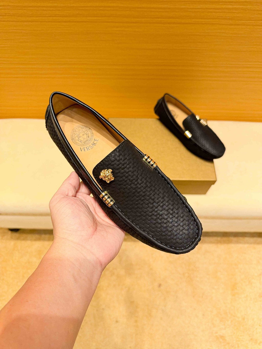 Versace Textured Leather Driving Loafers — front