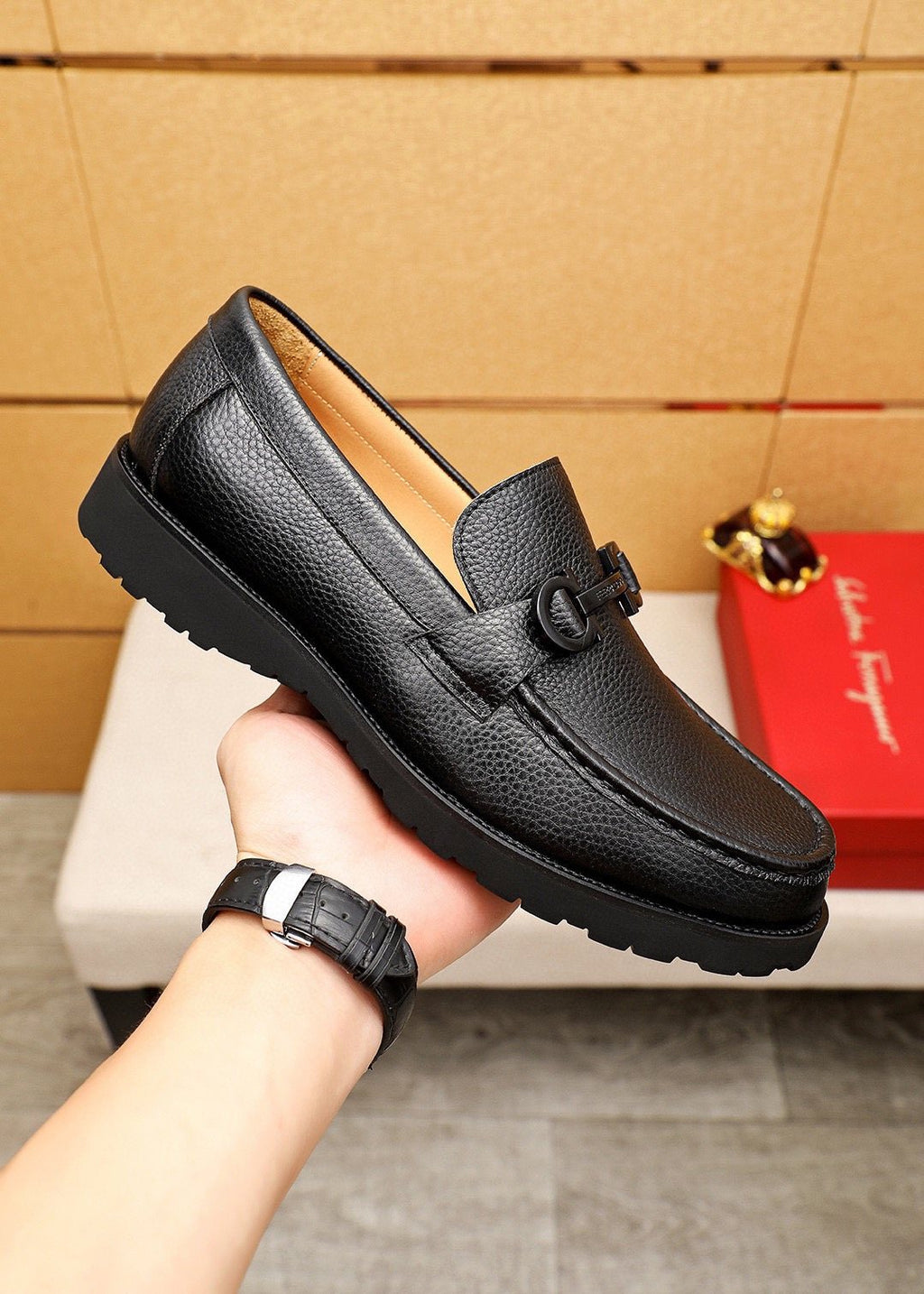 Ferragamo Pebble-Grain Buckle Slip-On Shoes — side