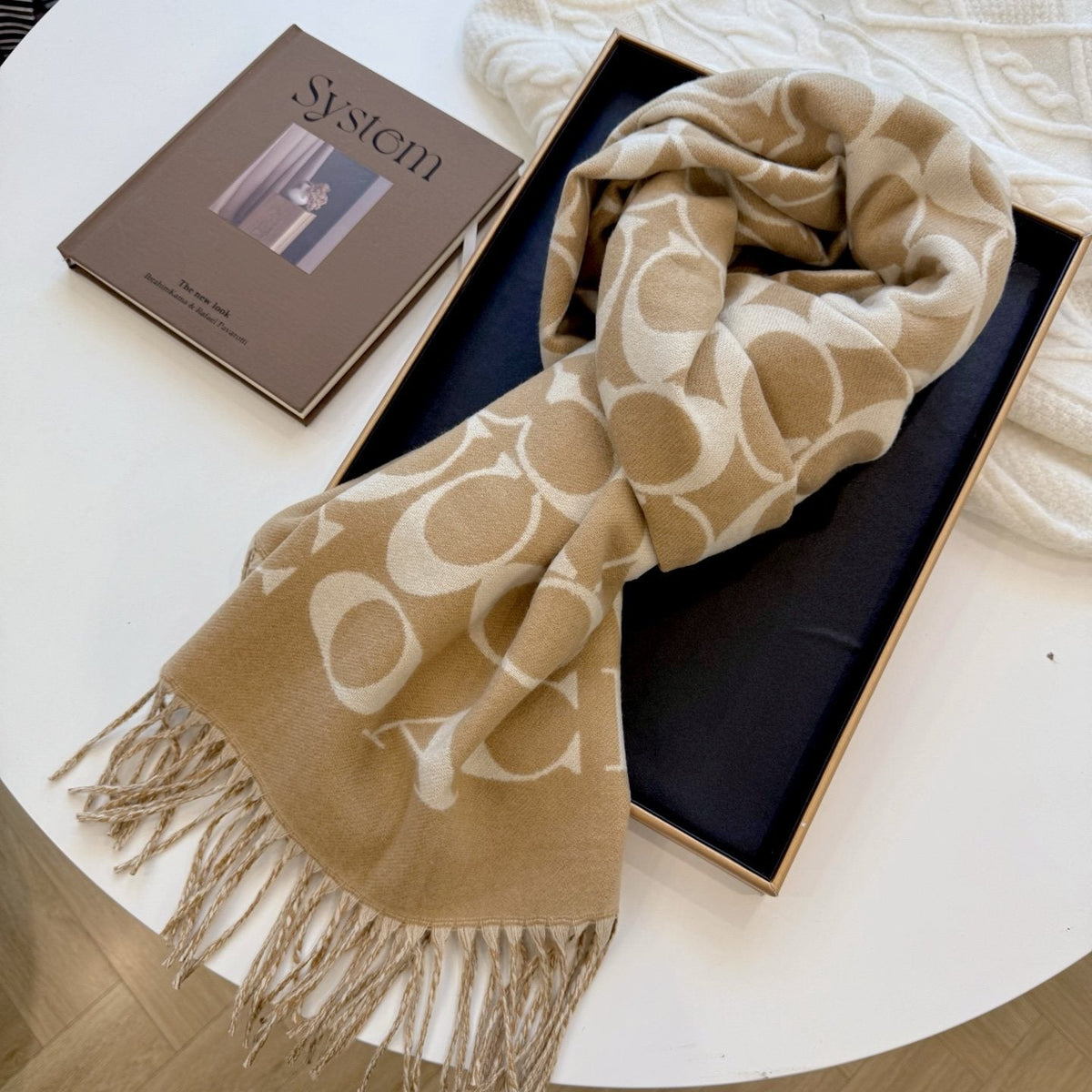 Coach Fringed Woven Motif Scarf — detail
