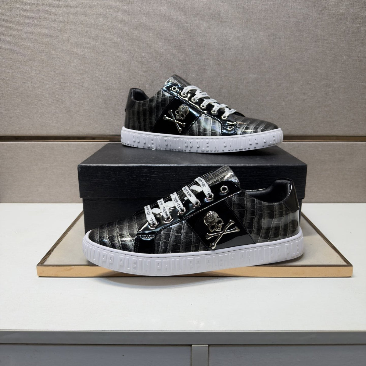 Philipp Plein Black and Gray Plaid Low-Top Sneakers — side