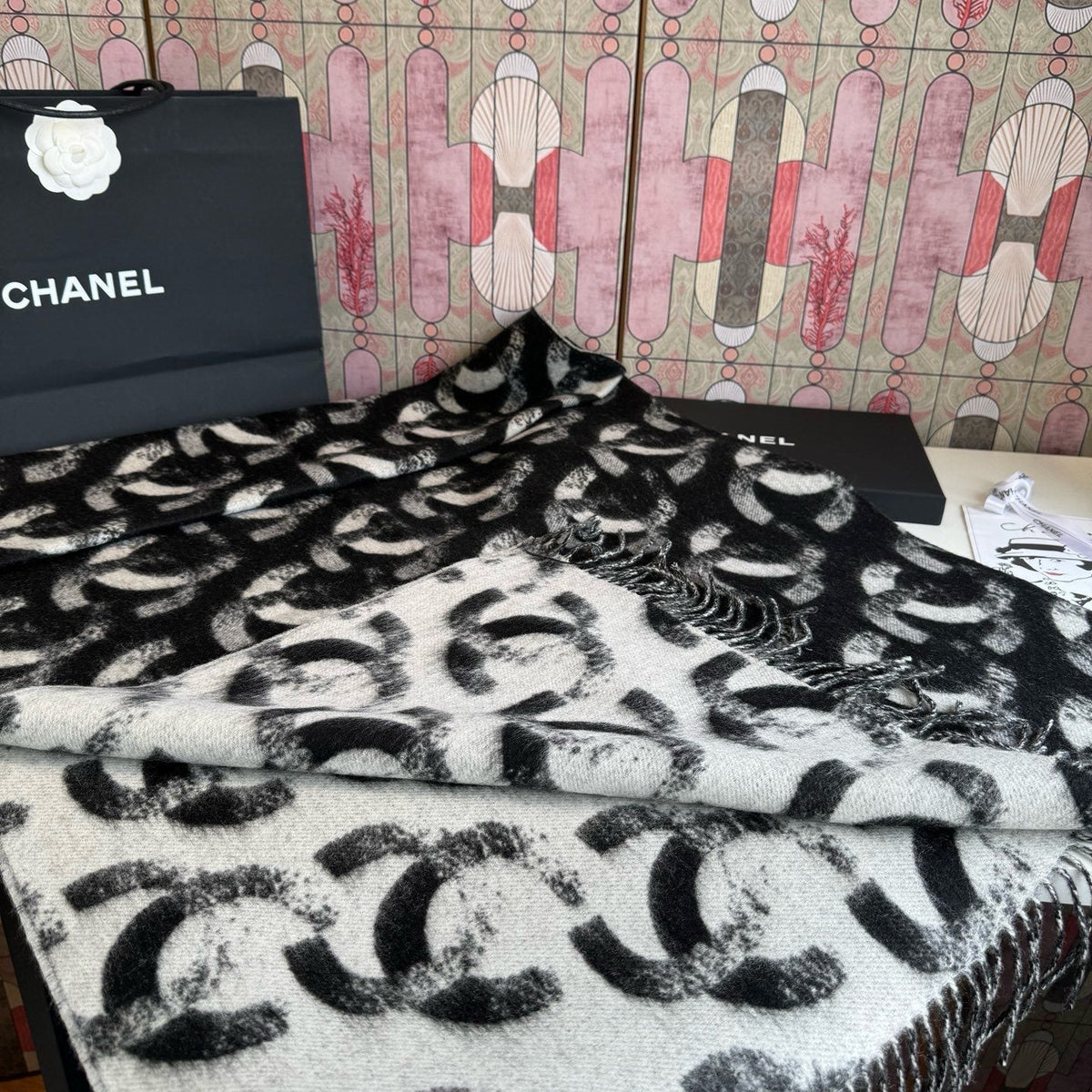 Chanel Black & White Fringed Scarf — front
