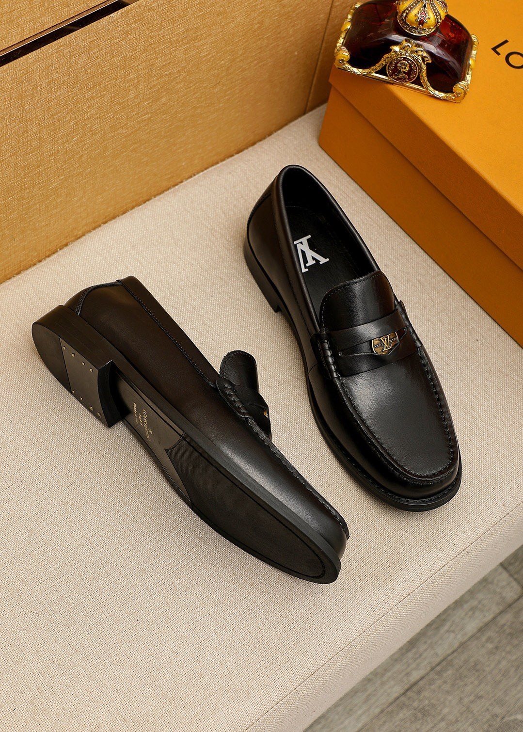 Louis Vuitton Black Leather Hardware Loafers — front
