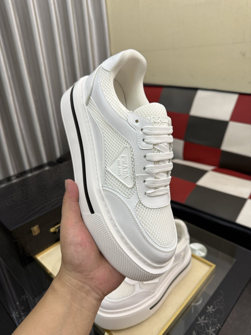 Prada White and Light Gray Low-Top Sneakers — model
