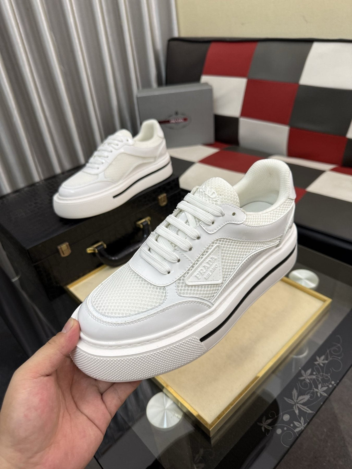 Prada White and Light Gray Low-Top Sneakers — model