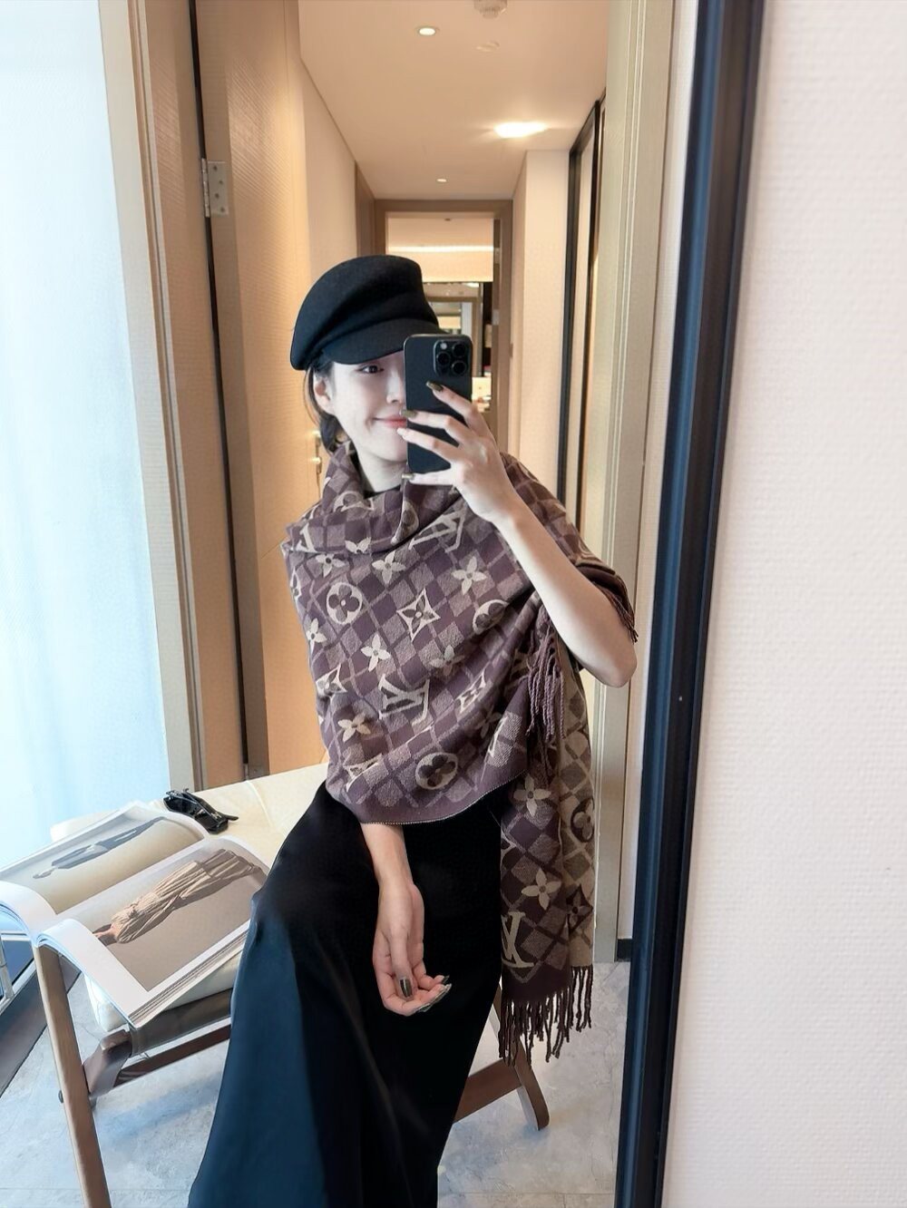 Louis Vuitton Dark Brown Fringed Patterned Scarf — model