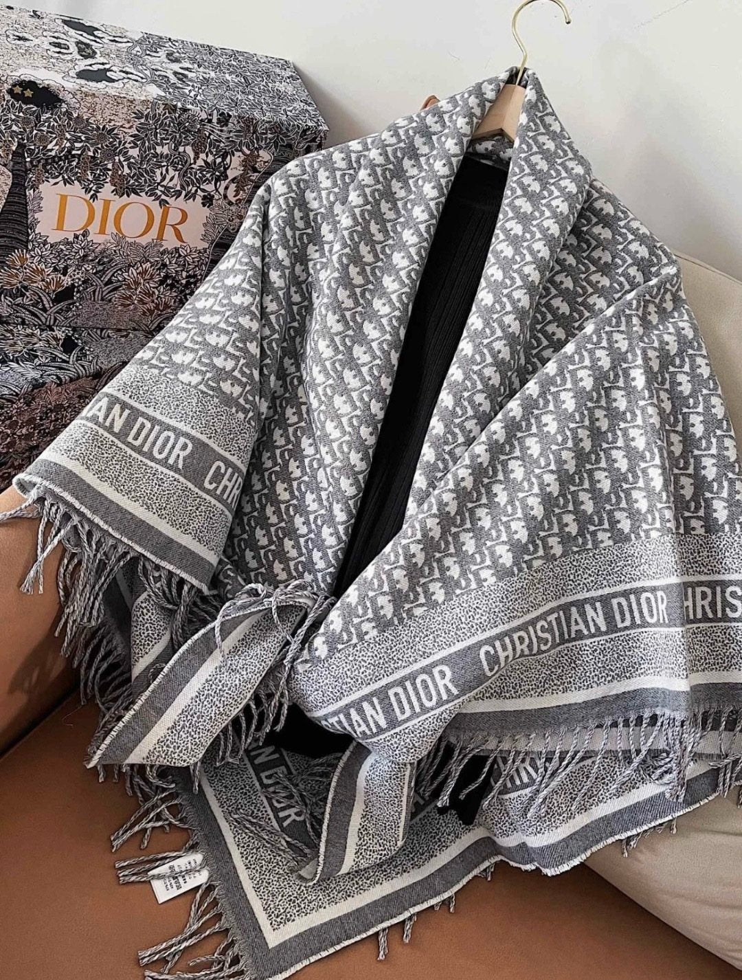 Dior Letter-Pattern Fringed Square Scarf — detail
