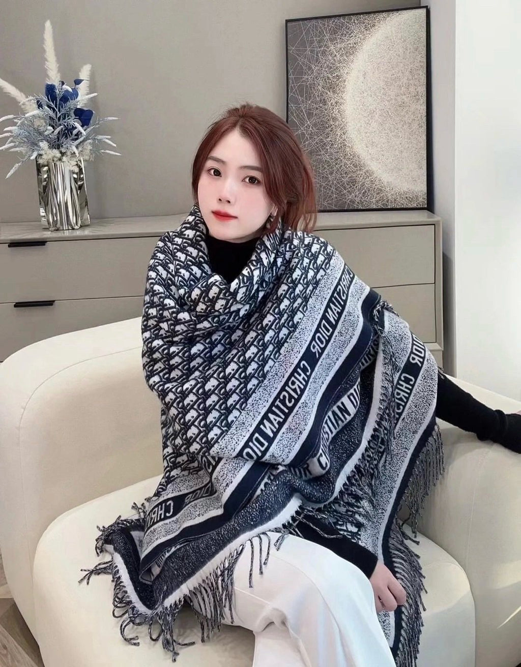 Dior Letter-Pattern Fringed Square Scarf — model