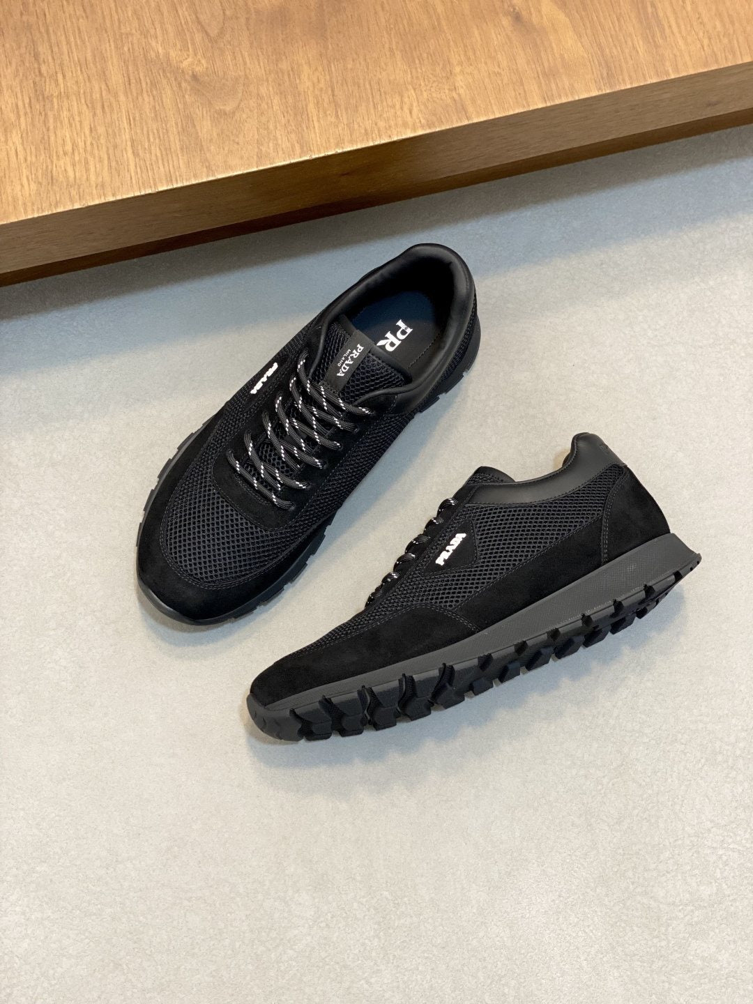Prada Navy Panel Low-Top Sneakers — side
