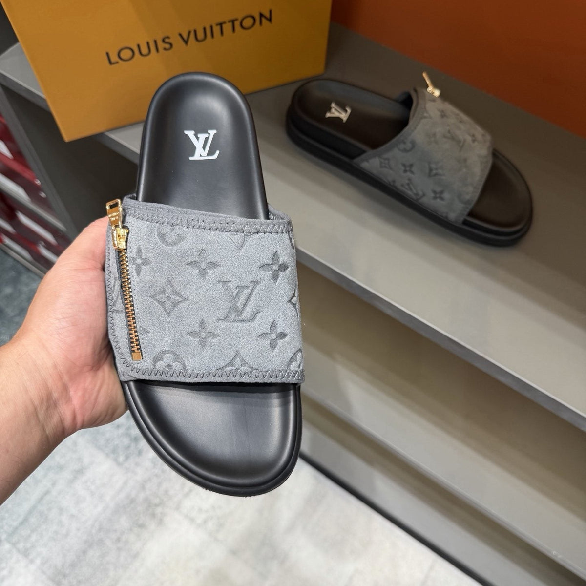 Louis Vuitton Monogram Zip Slide Sandals — model