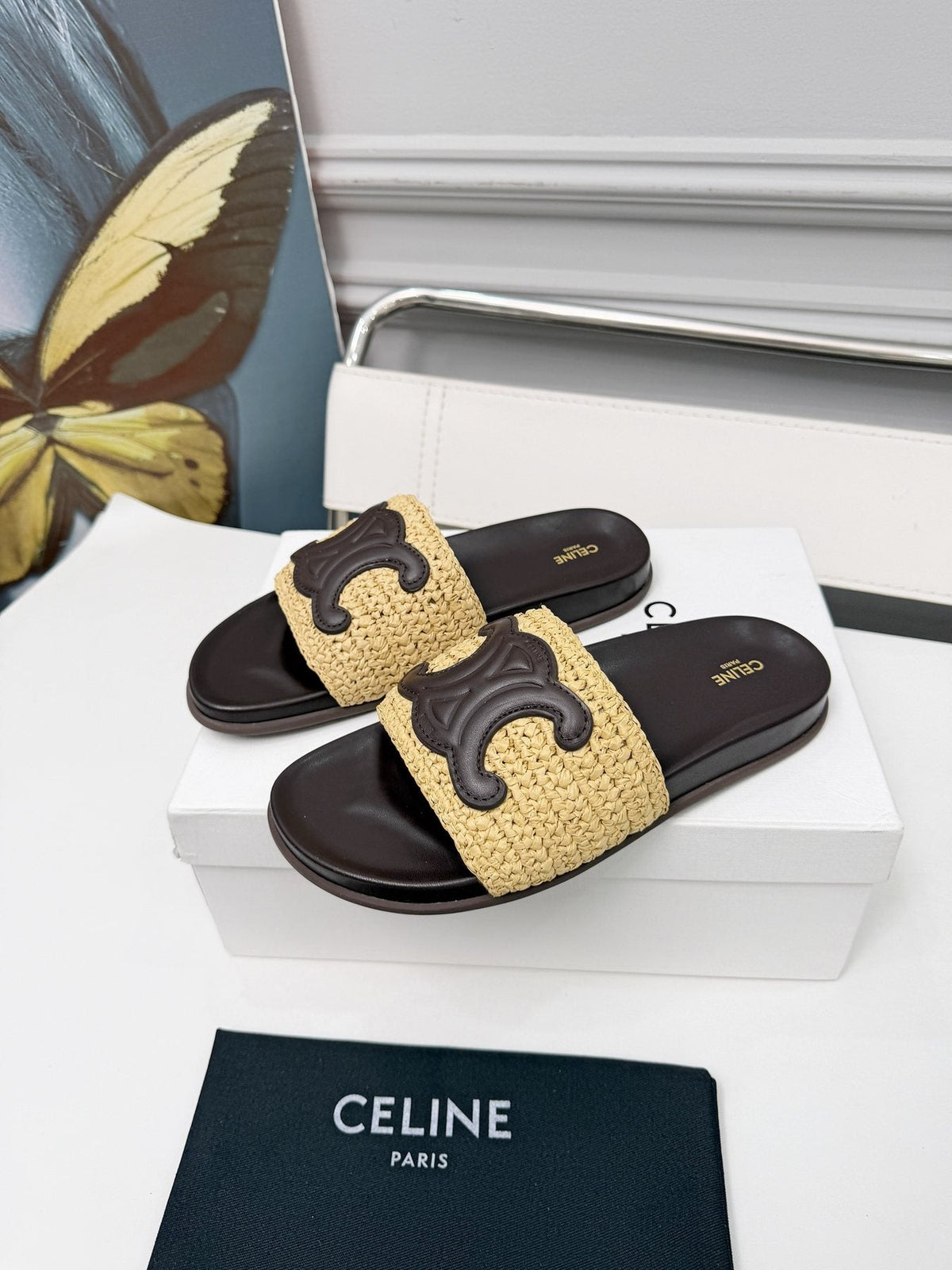 Celine Woven Emblem Slide Sandals — model