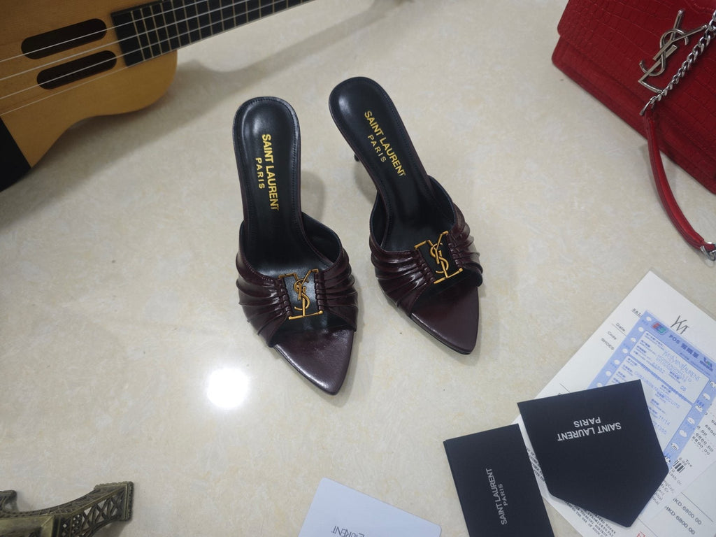 Saint Laurent Ruched Logo Mule Heels — front