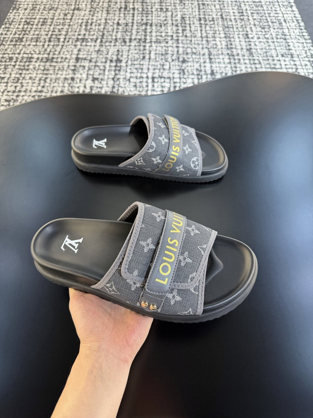 Louis Vuitton Patterned Strap Slide Sandals — model