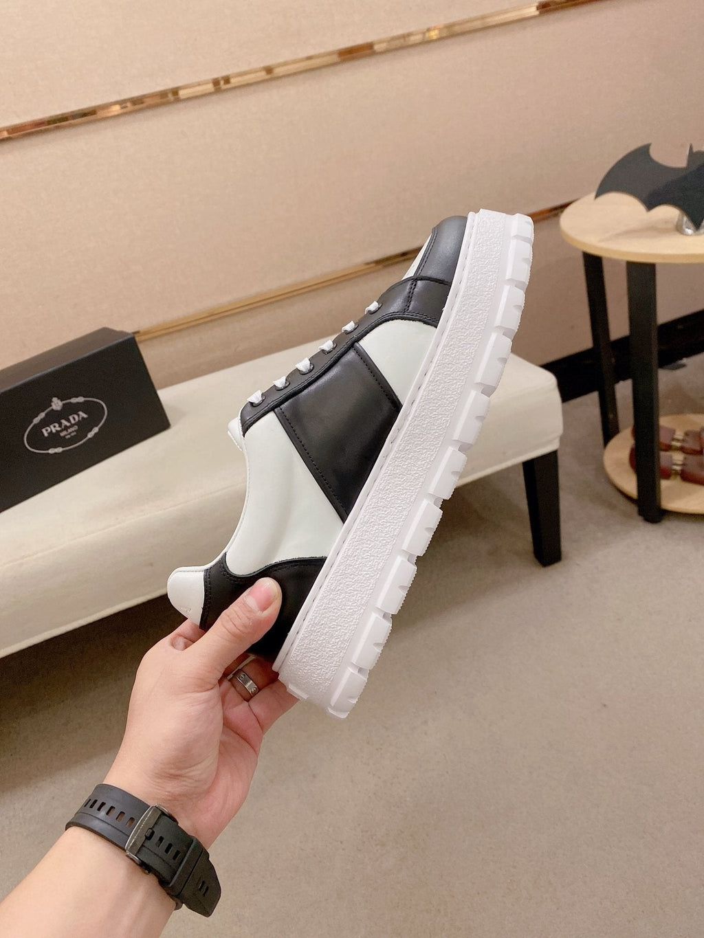 Prada Triangle Plaque Low-Top Sneakers — side