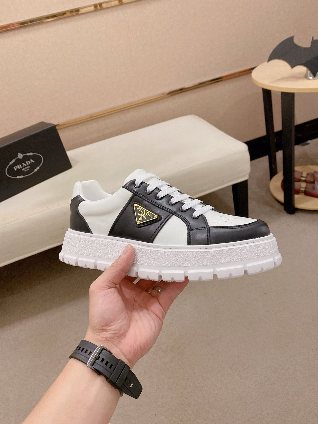 Prada Triangle Plaque Low-Top Sneakers — side