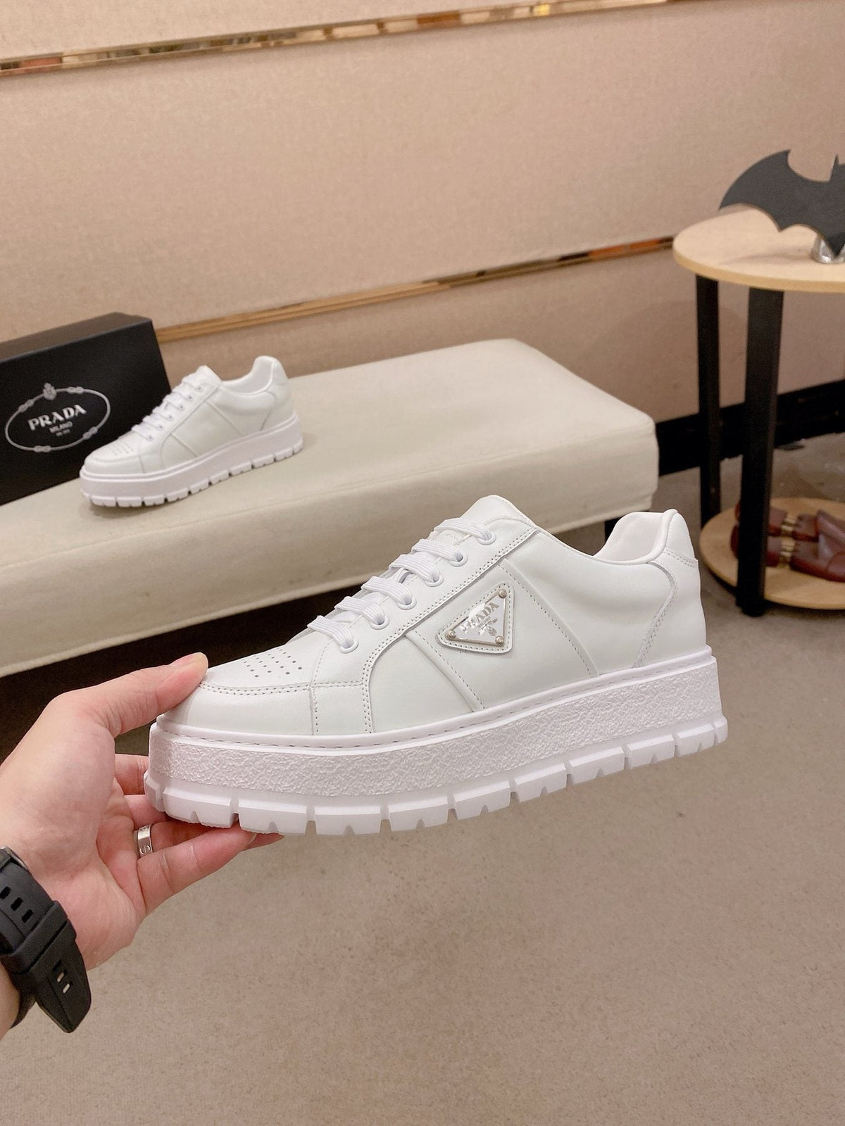 Prada Triangle Plaque Low-Top Sneakers — side