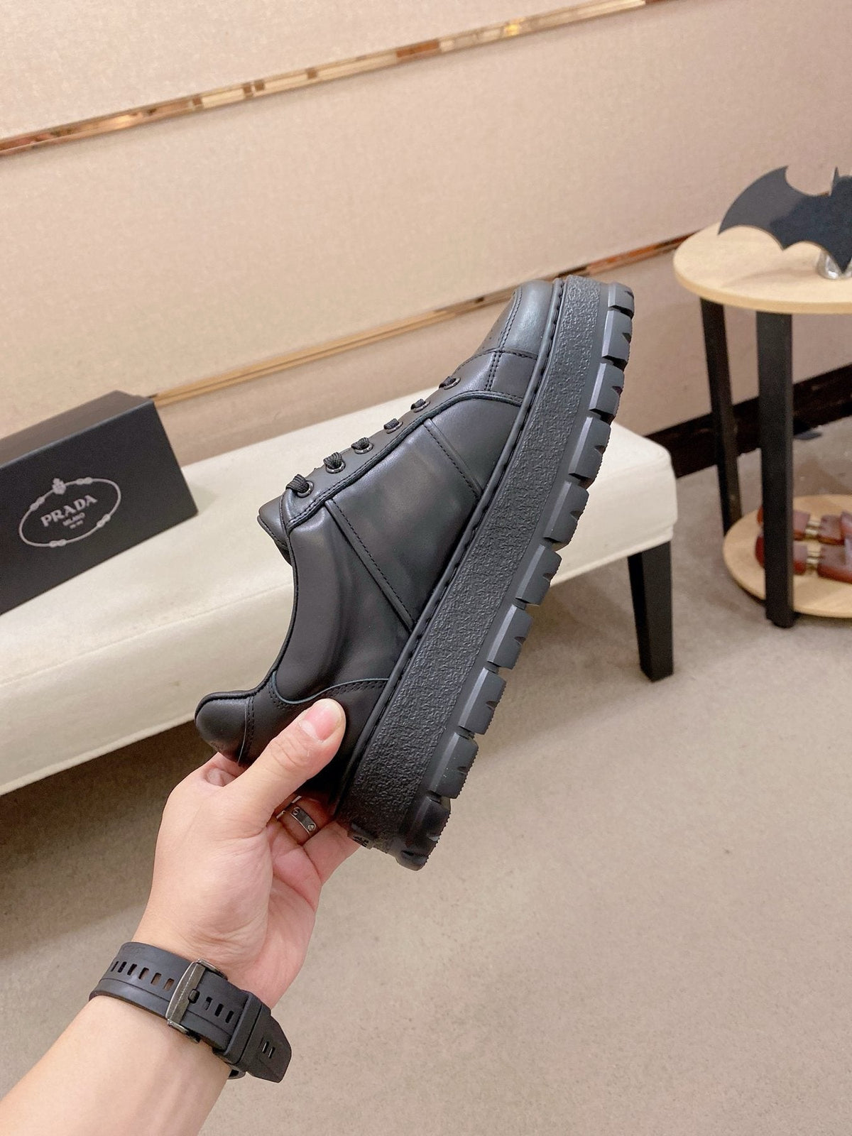Prada Triangle Plaque Low-Top Sneakers — side