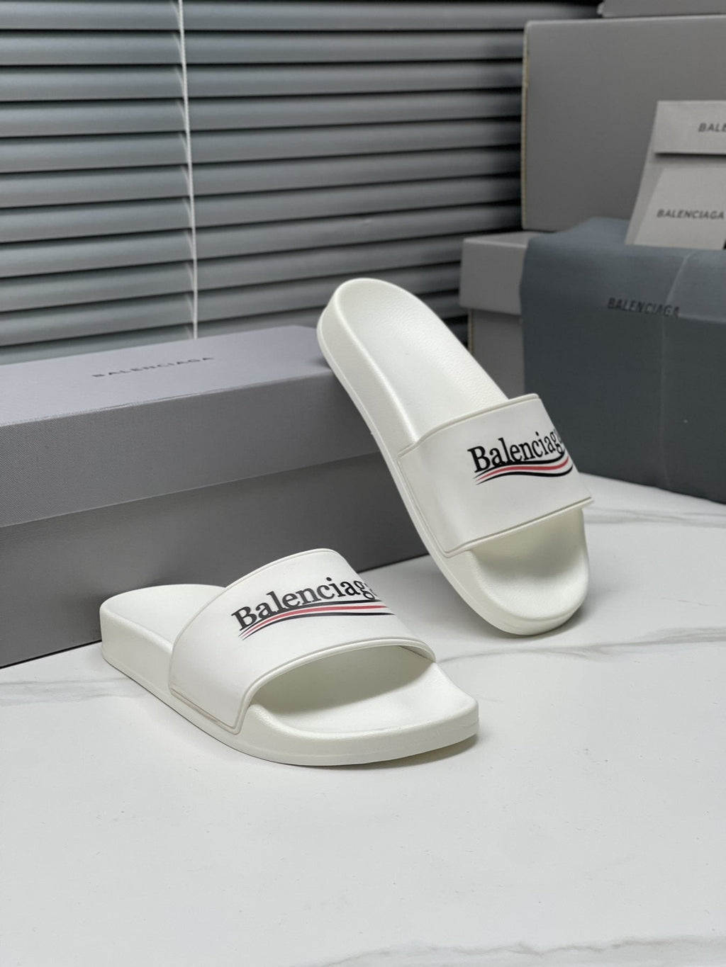 Balenciaga Logo Stripe Slide Sandals — front