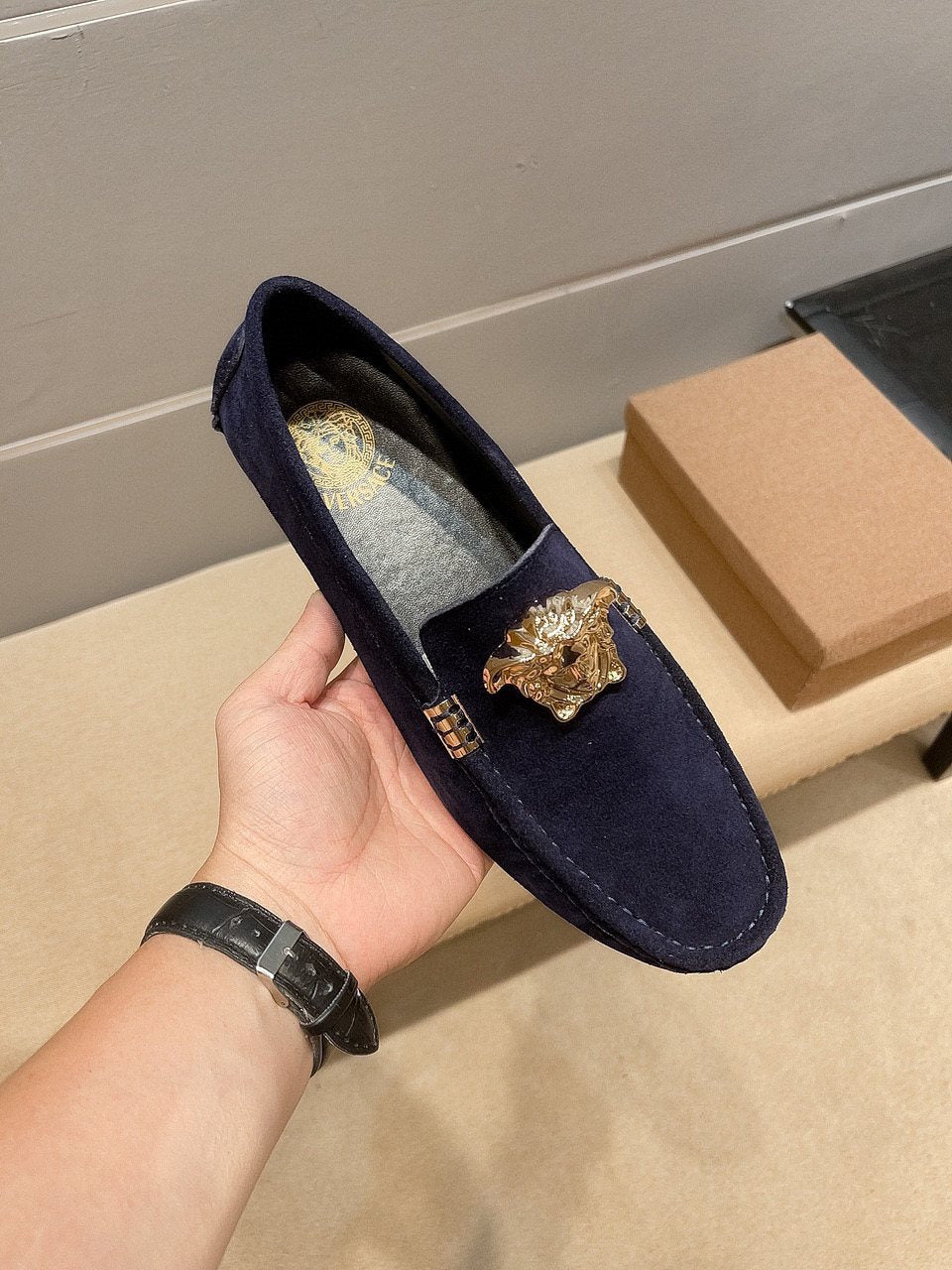 Men's Leather Loafers with Metal Medallion — front