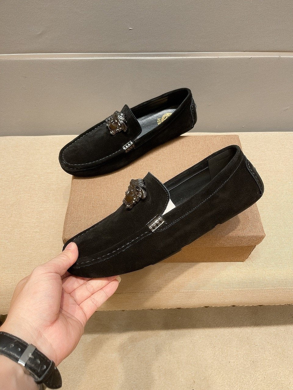 Men's Leather Loafers with Metal Medallion — front