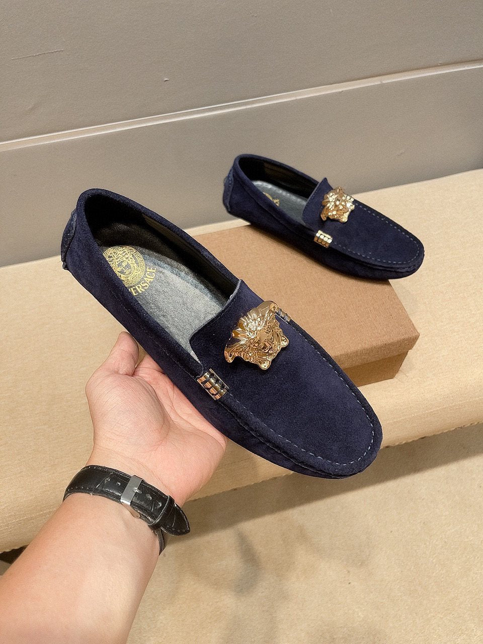 Men's Leather Loafers with Metal Medallion — front