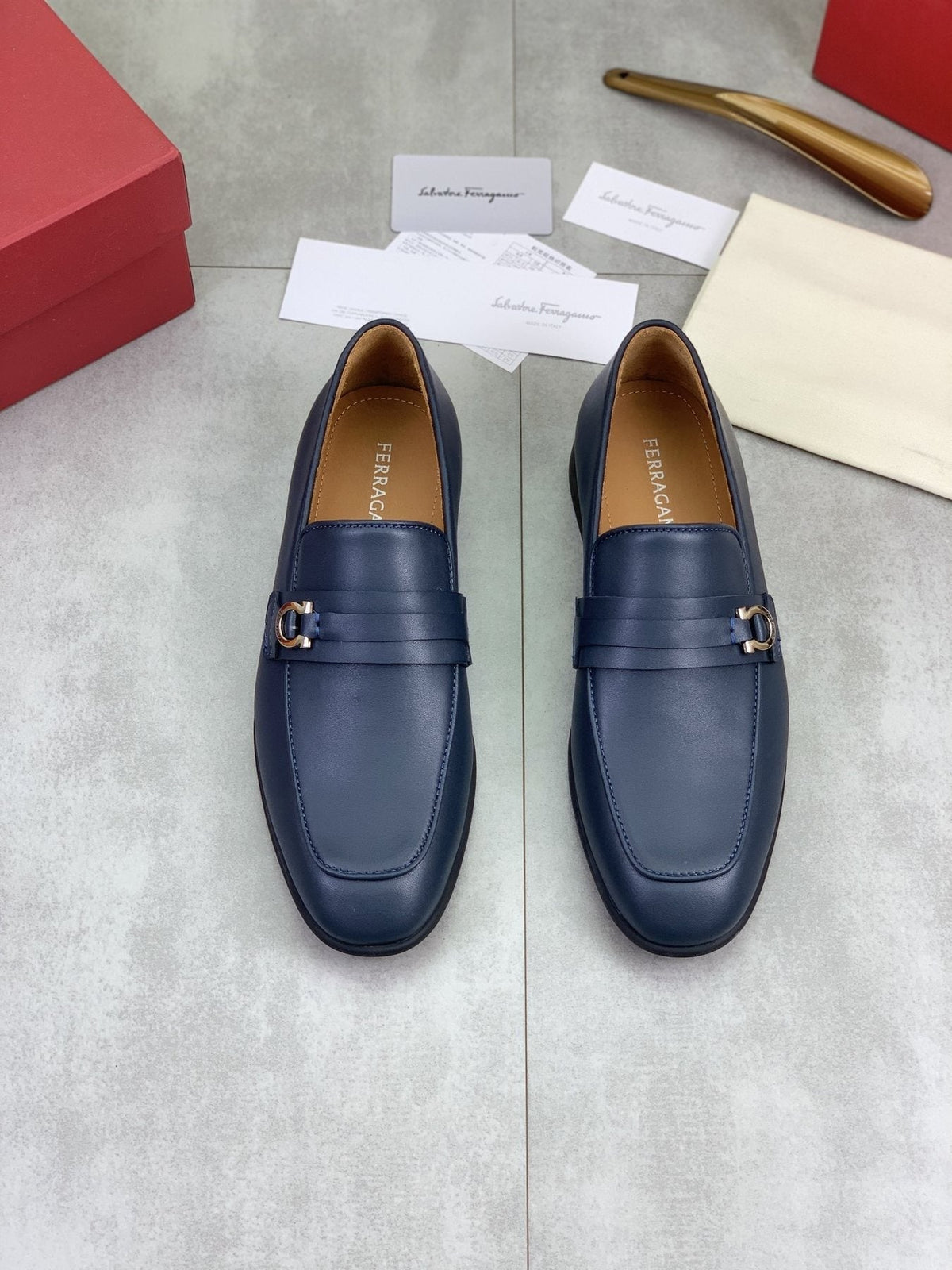 Salvatore Ferragamo Navy Blue Metal-Bit Loafers — front