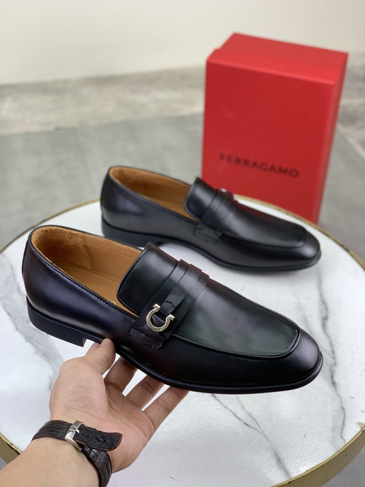 Salvatore Ferragamo Navy Blue Metal-Bit Loafers — front