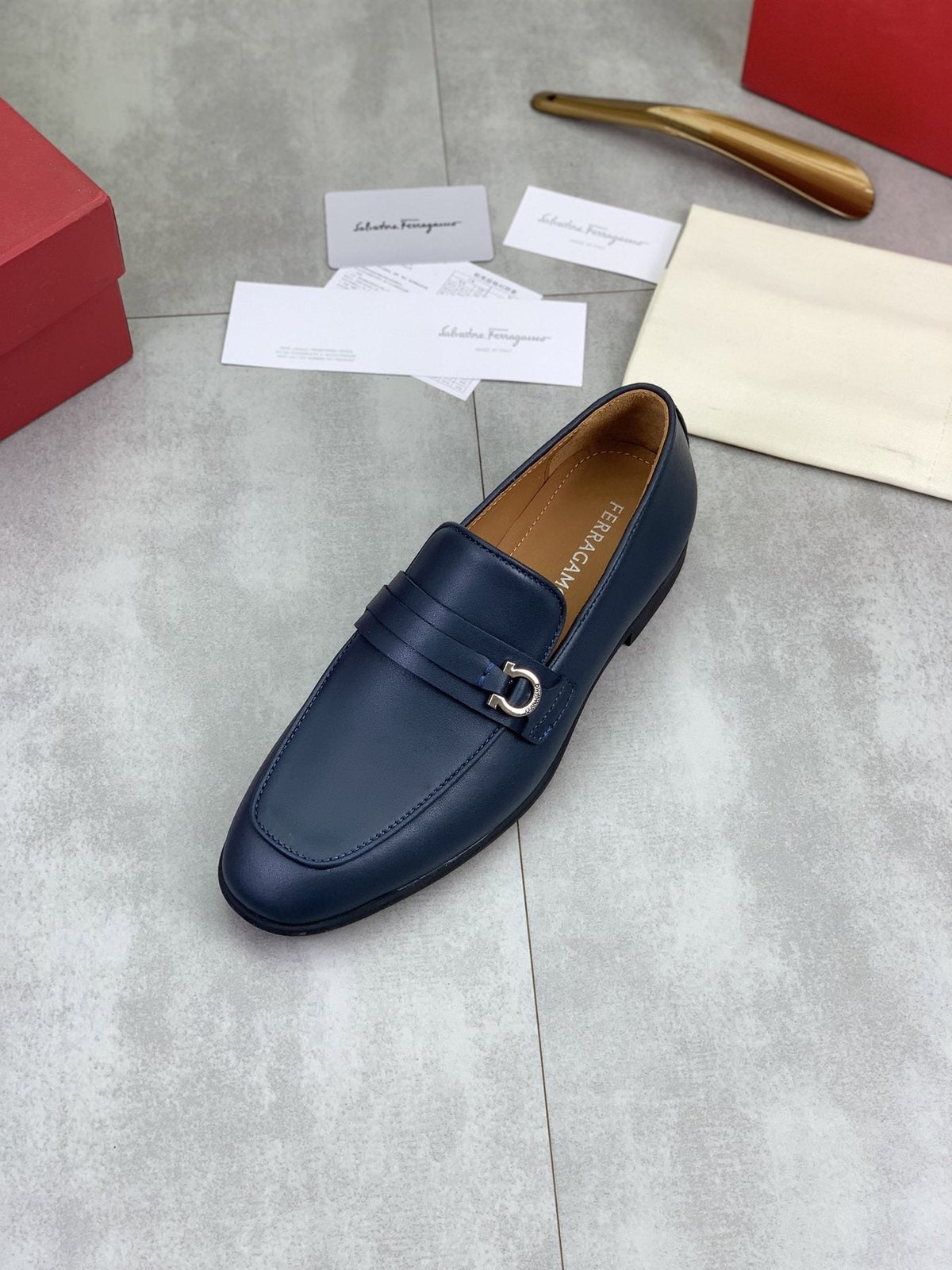 Salvatore Ferragamo Navy Blue Metal-Bit Loafers — front