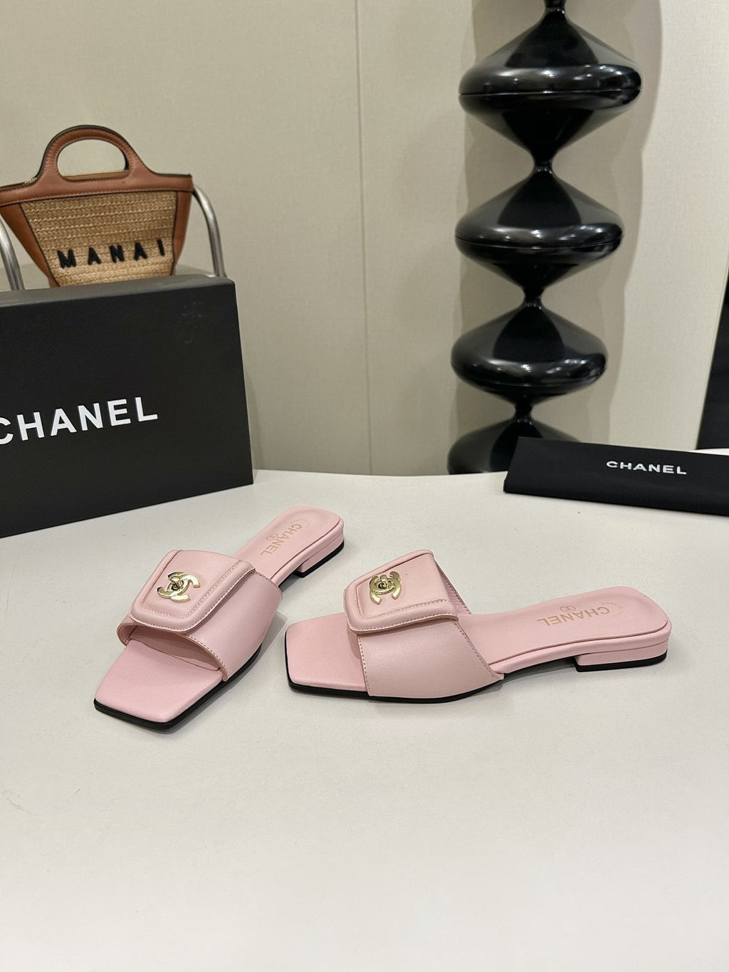 Chanel Square-Toe Leather Slide Sandals — front
