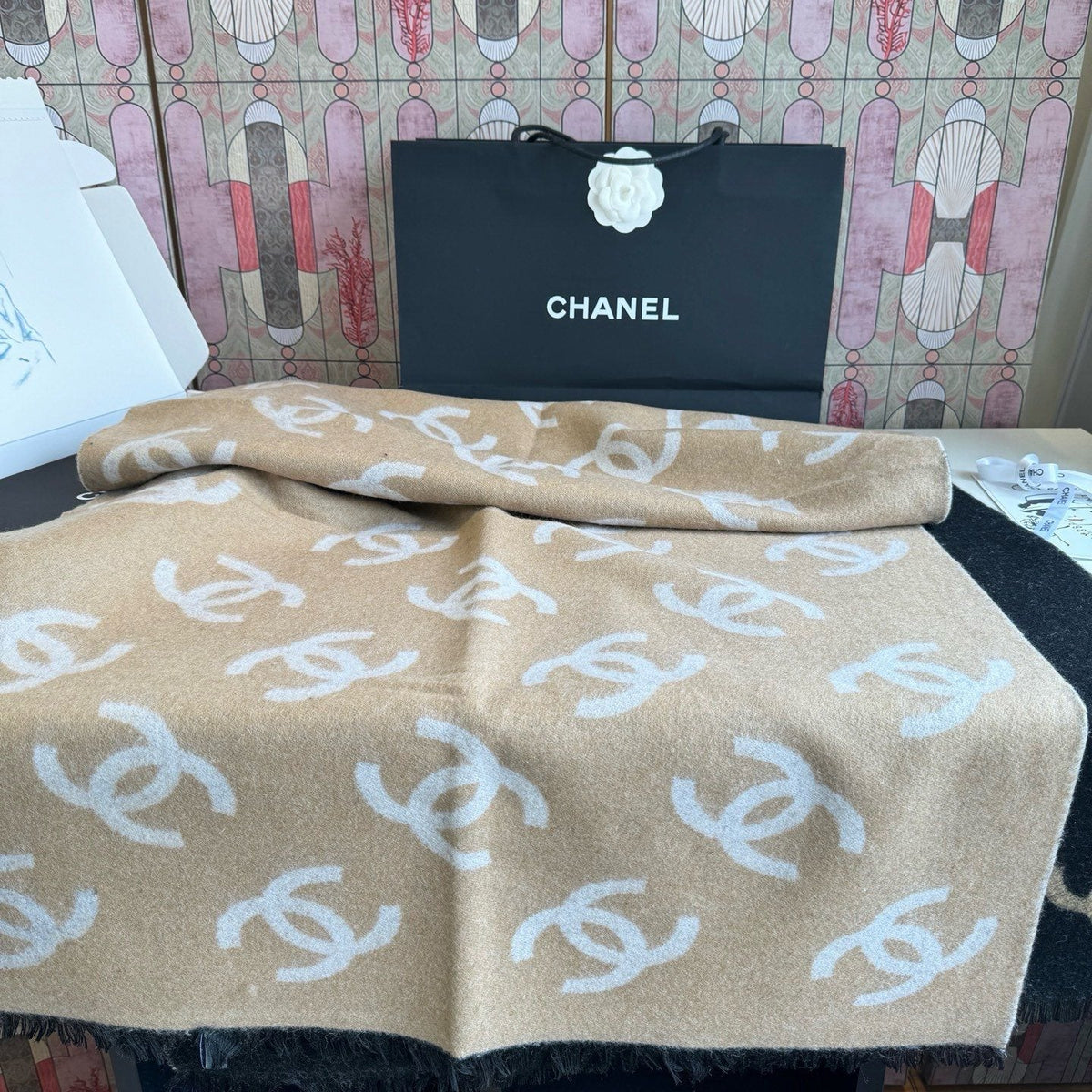 Chanel Reversible Logo Scarf Shawl — front