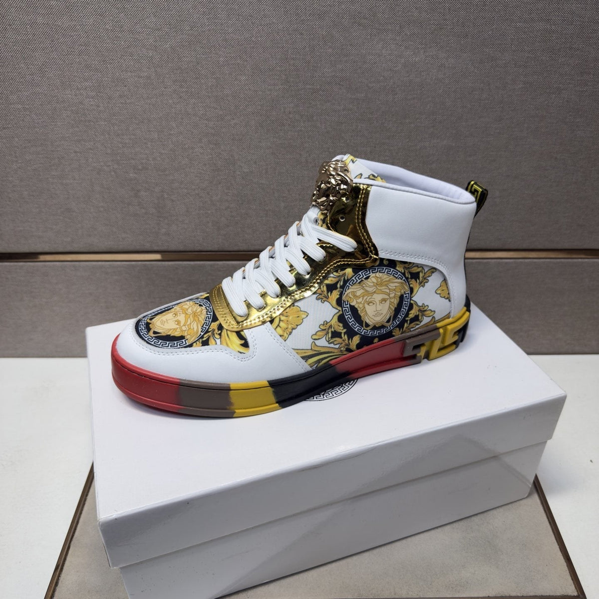 Versace White Gold High-Top Sneakers — side