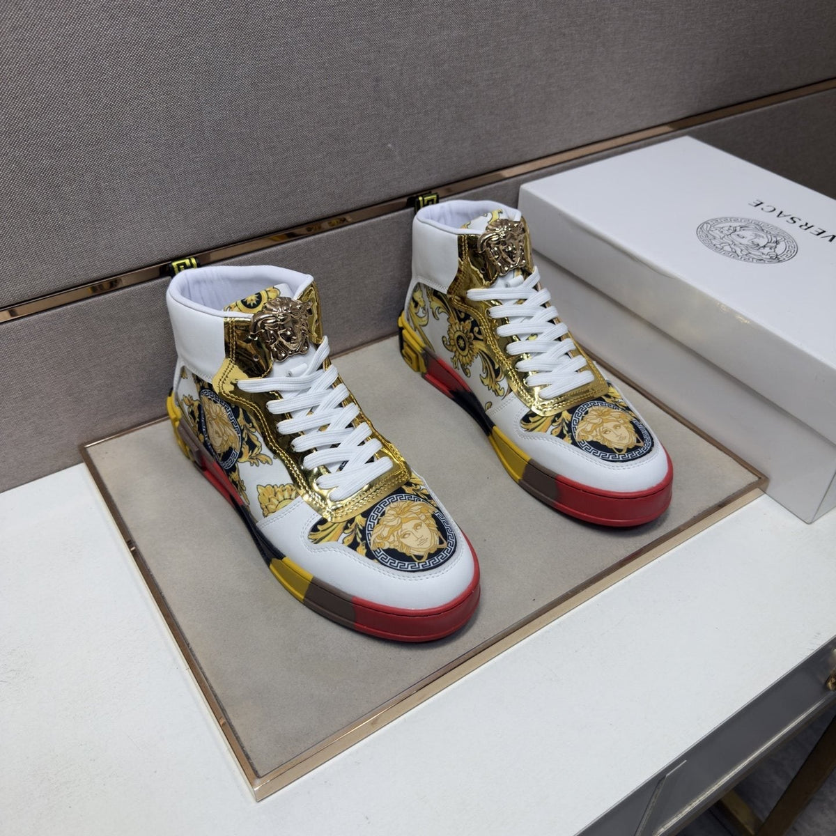 Versace White Gold High-Top Sneakers — front