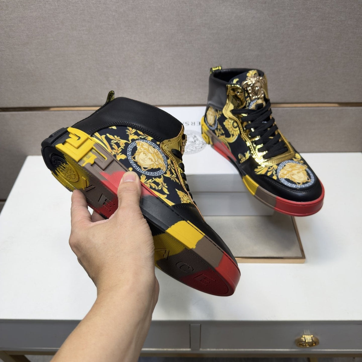 Versace White Gold High-Top Sneakers — model