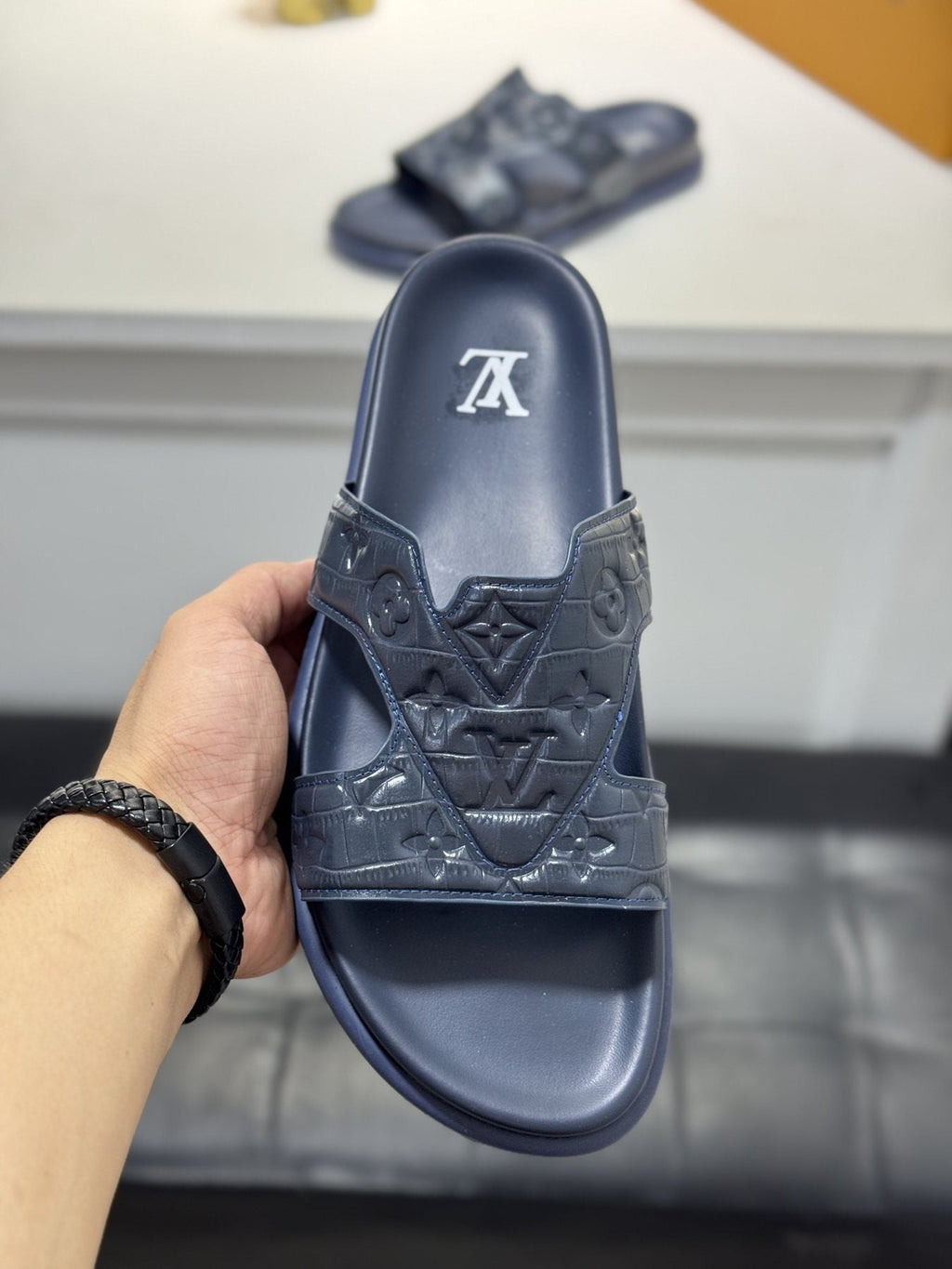 Louis Vuitton Embossed Strap Slide Sandals — front