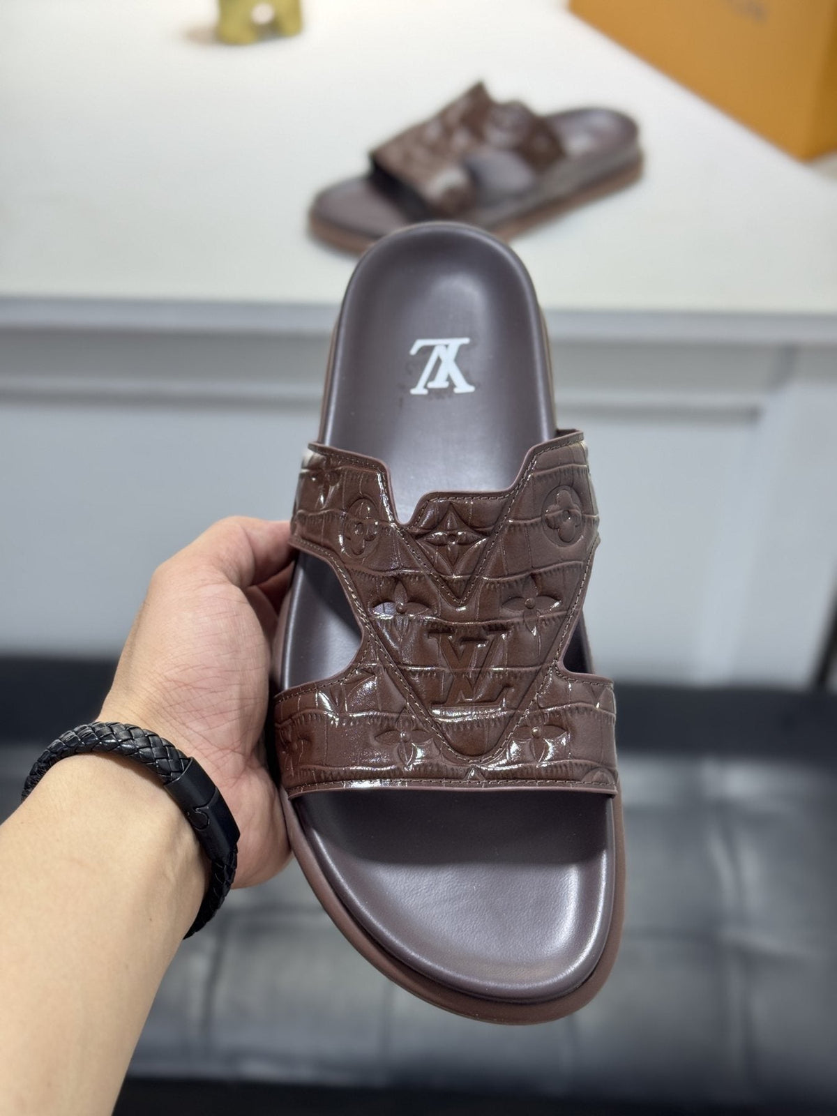 Louis Vuitton Embossed Strap Slide Sandals — front