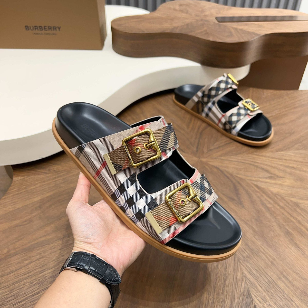 Burberry Plaid Buckle Slide Sandals — side